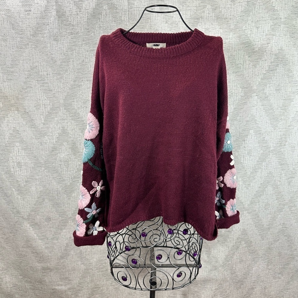 AMP burgundy sweater with floral crochet sleeves size M